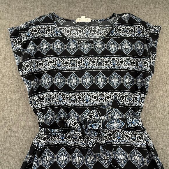 Hippie Rose Dress Tribal Boho Print Waist Tie Medium Cuffed Short Sleeves Lightw - Picture 2 of 11